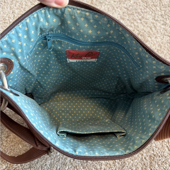 Fossil Brown Multi Giraffes Pattern Key-Per Crossbody Purse Coated Canvas Blue - Picture 12 of 16